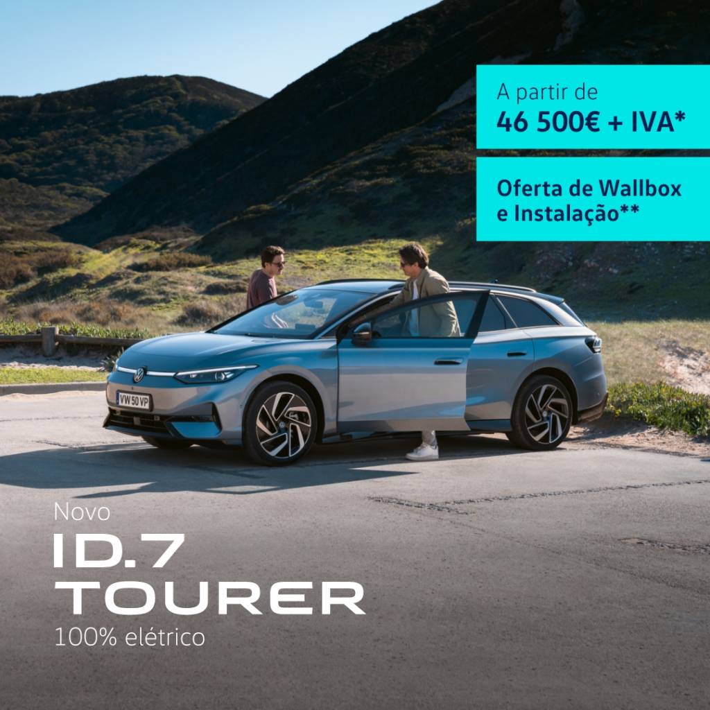 Novo ID.7 Tourer 100% elétrico com mais autonomia, mais espaço, mais segurança e mais tecnologia, a partir de 46 500€ + IVA.