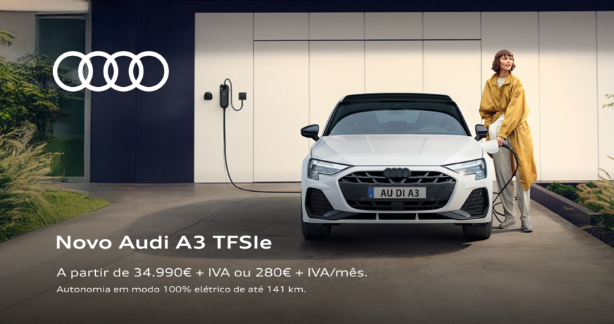 Campanha Audi A3 40 TFSIe A partir de 34.990€ + IVA ou 280€* + IVA/mês.